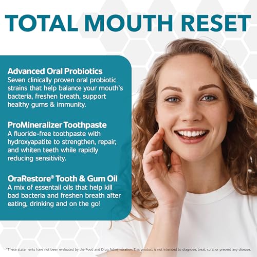 Image of Dentist Formulated Oral Health System with Fluoride Free Remineralizing Nano Hydroxyapatite Toothpaste, OraRestore Mouthwash Concentrate & Oral Probiotics for Bad Breath, Enamel Strength, Oral Balance