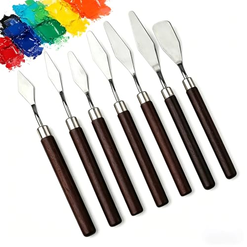 7-Piece Palette Knife Set, Stainless Steel Painting Knives with Wooden Handles for Acrylic, Oil & Gouache Painting, Mixing, Spreading, Scraping & Texture Art Tools for Beginners and Artists