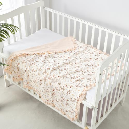 Image of CREVENT 40''X40'' 100% Organic Cotton Muslin Baby Blanket for Newborns, Essential for Baby Shower Birthday Gift - Beige Flower 100X100cm