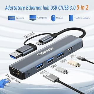 Oblinple Hub USB 3.0 USB C Ethernet 5 in 2, Adattatore USB a Lan RJ45 1000Mbps con 3 Porte USB 3.0 e Tipo C, Multiporta Adapter Cavo Gigabit in Alluminio per Windows XP MAC Linux Chromebook MacBook