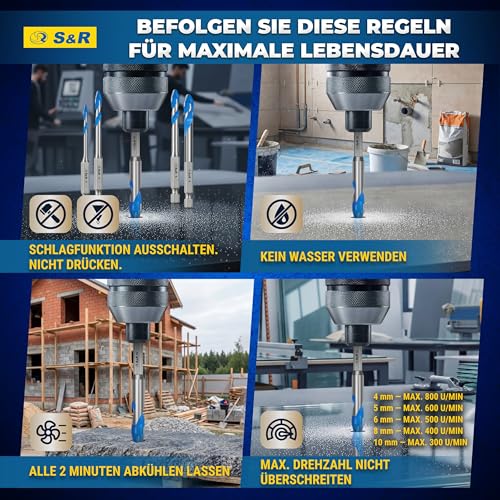 S&R Professional Keramikbohrer Set 5-tlg, Fliesenbohrer 4mm 5mm 6mm 8mm 10mm, für Feinsteinzeug, Keramik, Hartkeramik, Granit, Glas, Marmor, mit Sechskantschaft, Glasbohrer, Profi Fliesen Bohrer Set