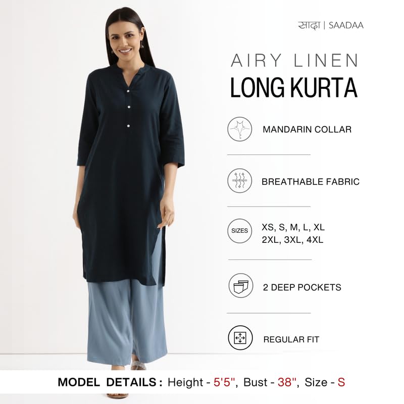 Image of SAADAA Women's Linen Straight Fit Straight Long Kurta Airy Plain Kurta, 3 /4 Sleeve, Knee Length Kurtis with Pockets, Casual and Office Wear