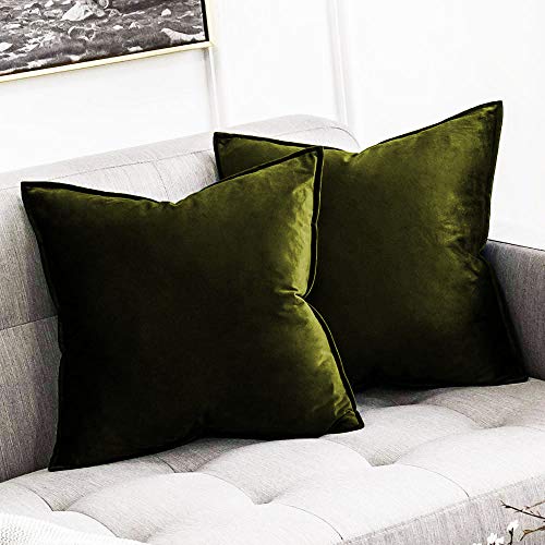 Khooti Decorative Velvet Square Cushion Cover Throw pillow cover for Living Room Couch Diwan single seater Sofa , Colourful Modern Small 16 x 16 Inches / 40 x 40 cm (Colour - Mehandi)(Set of 3 pieces) C2