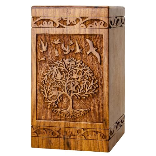 INTAJ Handcarved Wooden Cremation Urn Box for Human Ashes