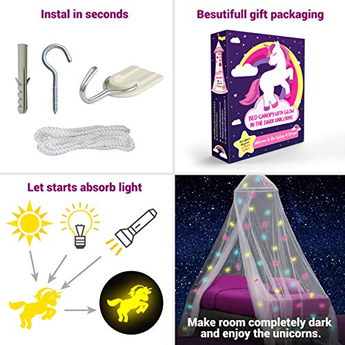 Klamboe met Glow in the Dark Eenhoorns - Hemelbed voor Kinderkamer of Volwassenen - Sterrenhemel Sluier, Hemeltje en… - Image 7