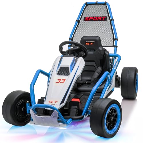 24V 8.5 MPH Electric Go Kart for Kids, 400W Powerful Drift Kart w/Front EVA Wheel & Metal Frame, Ride on Toy w/Music & Lights, Suspension, 2 Speed, 5 Point Harness, Crazy Cart for Ages 6+, Blue
