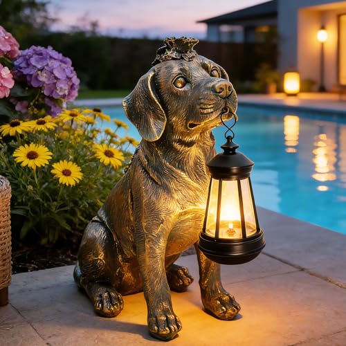 Solar Garden Statue Dog Figurine Decor with Lantern Lights 11 Inch Outdoor Decoration Solar Dog Sculptures for Outside Patio Lawn Balcony Yard Ornament Dogs Lover Gifts for Women Mom Birthday