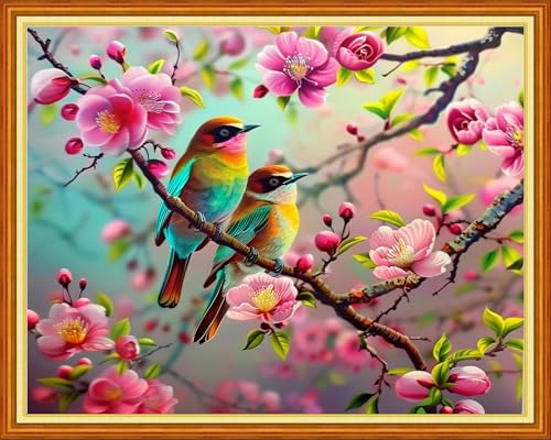 Image of Foxdiviy Stamped Cross Stitch Kits for Beginners Full Range of Cross Stitching 11 CT Printed Cross Stitch Kits for Adults Cross Stitch Patterns Needlepoint Kits-Cherry Blossom Bird 16x20 inch
