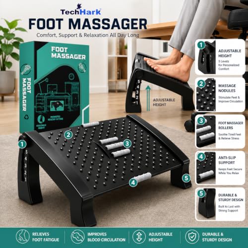 Image of TechHark Adjustable Footrest with Massage Surface, Ergonomic Under Desk Foot Rest for Office and Home, Height Adjustable, Black (6-Month Warranty)
