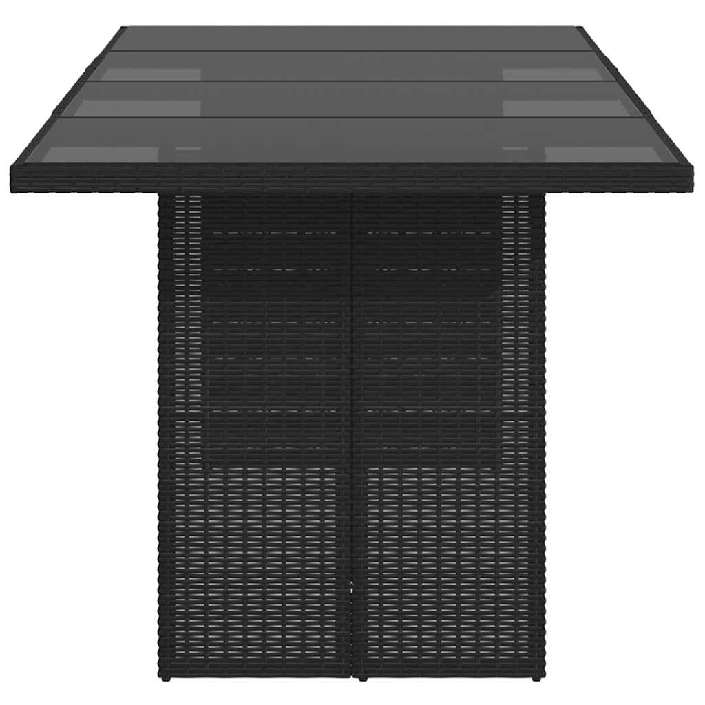 Stół ogrodowy ze szklanym blatem, czarny, 190 x 80 x 75 cm, polirattan, odporny na warunki atmosferyczne, prostokątny, stabilny, na taras, balkon i do ogrodu