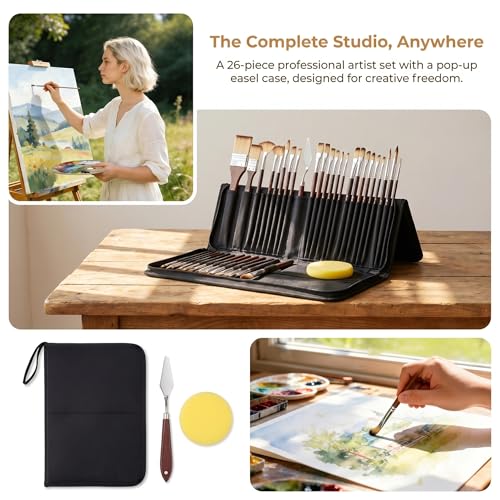 Image of 26pcs Paint Brush Set, Includes Flat, Filbert, Fan, Dagger, Cat Tongue, Round, Angle, Rigger & Palette Knife, Travel Paint Brushes for Acrylic Painting, Watercolor, Oil, Canvas, Face Painting