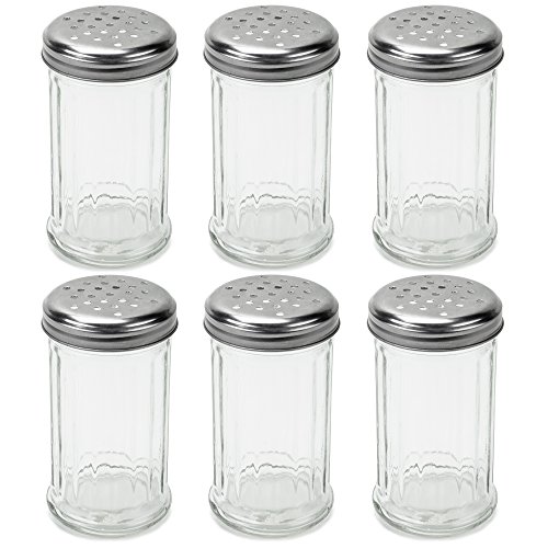 Set of 6 Spice & Cheese Shakers - 12 oz. Glass Server with Metal Lid for Parmesan and Mozzarella by Back of House Ltd.