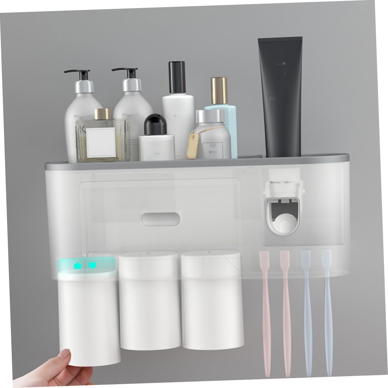 NUOBESTY Automatic Toothpaste Squeezer with Wall Mount Toothbrush Holder Rack Overhang Drain Design Dustproof Bathroom Organizer for Multiple Brushes Space-Saving Gargle Cup