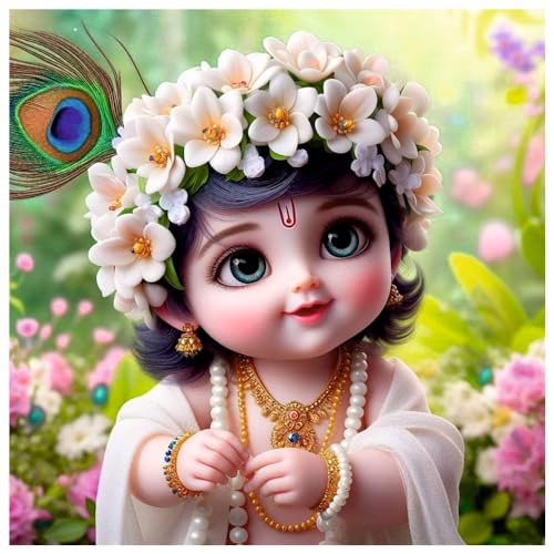 Image of Akki Wold Baby White Krishna In Pink Flower Garden wall poster For Living Room, Office, Pooja Room (Size - 41CM X 41CM)