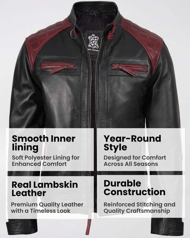Image of Blingsoul Men's Leather Motorcycle Style Jacket - Quilted Cafe Racer Biker Style Jacket for Men