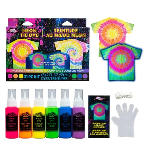 Tulip Neon Tie-Dye Kit, Blacklight Reactive, Easy Application & Techniques, No Mixing, Just Shake & Apply Fabric Dye, Neon Craft Party Activity, 6-Color Kit, 31 pcs