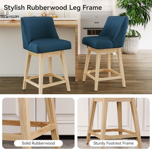 Image of Swivel Counter Height Bar Stools Set of 4, Modern Fabric Swivel Barstools with Contoured Back and Solid Wood Legs, Upholstered Counter Stool Bar Chairs for Kitchen Island, Home Bar, Blue
