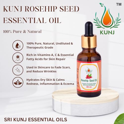 Image of KUNJ Rosehip Seed Oil (Rosa rubiginosa) 30ML - 100% Pure & Natural, Cold Pressed, Undiluted - Therapeutic Grade Oil for Skin Care, Hydration, Anti-Aging & Radiance