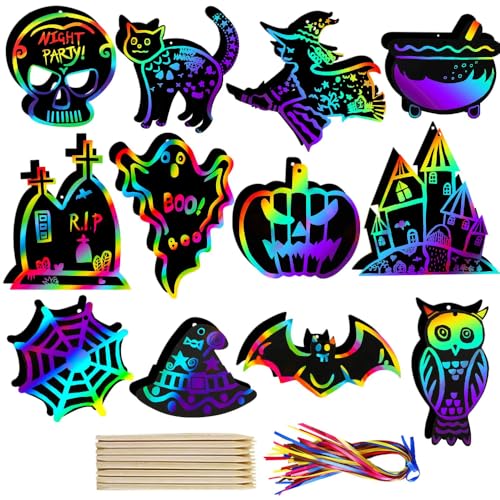 48Pcs Different Halloween Scratch Paper Set, Rainbow Scratch Art for Halloween, Crafts Black Scratch Off Paper with 24 Wooden Stylus 48 Cords, Halloween Decoration Hanging Decoration
