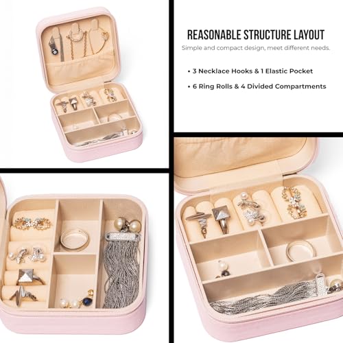 Image of INOVERA (LABEL) Stylish Jewellery Organiser Box for Womens & Girls - Small Portable Travel Case for Storing Rings, Earrings, Necklace with Zipper (Rose Gold)