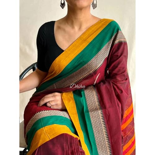 Image of Narayanpet Pure Cotton Avani Border Saree for Women with Running Blouse | Tassels | Traditional Woven Solid Design | Handloom Weave