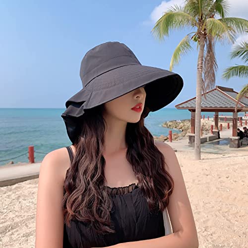 Another Choice Women's Sun Hat Uv Protection Wide Brim Ponytail Adjustable Beach Visor Fishing Hat With Neck Flap(Black,One Size) #TOP3