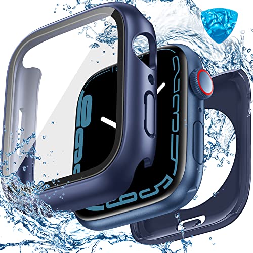 Image of 3 in 1 Goton Waterproof Hard Case for Apple Watch Screen Protector 44mm, 360 Slim Full Protective Tempered Glass Face Cover + Back Hard PC Bumper for iWatch SE 3 /SE 2 /SE, Series 6 /5 /4, 44mm Blue