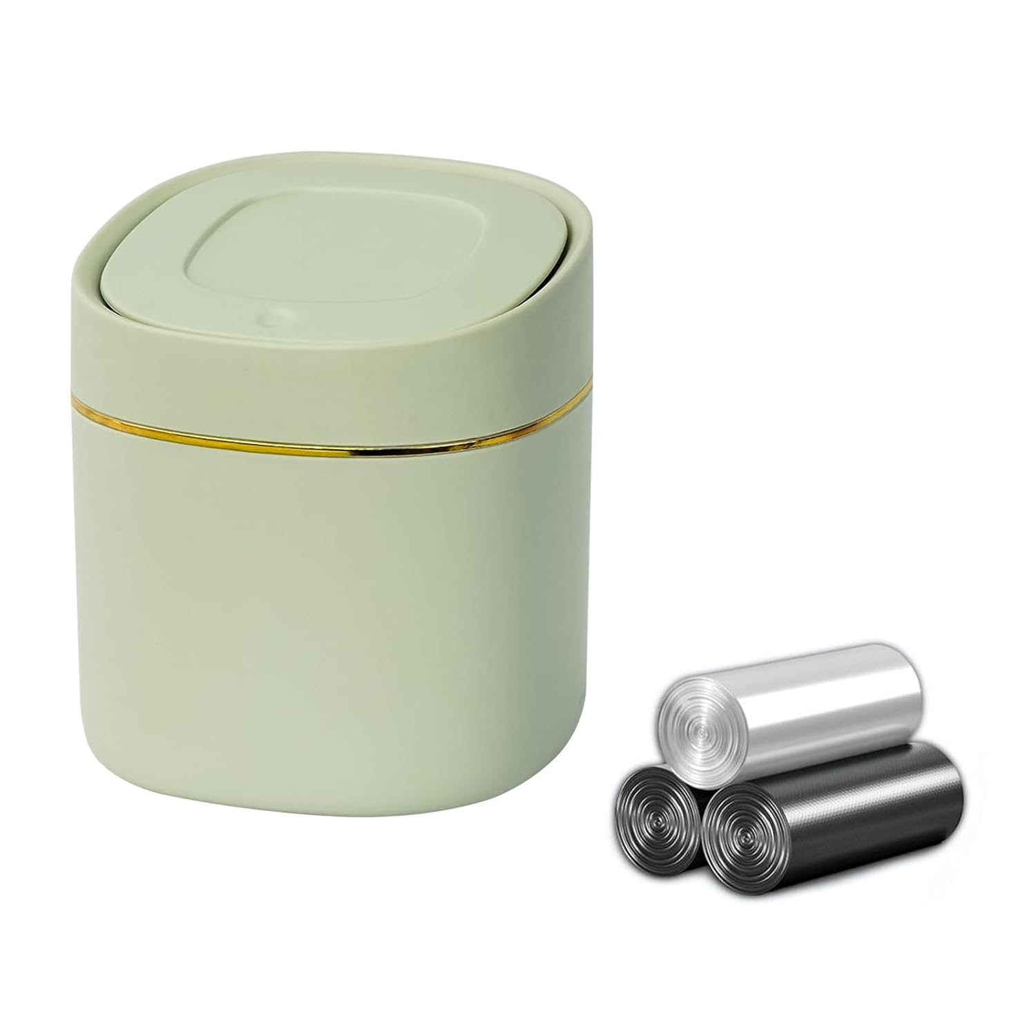 1 Pcs Mini Desktop Trash Can with Lid with 90 Trash Bags, Press-Type Garbage Can, Small Countertop Plastic Wastebasket for Vanity, Bedroom, Bathroom, Kitchen, Desk (White)