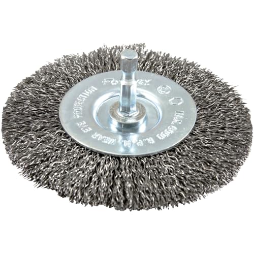Image of Forney 72739 4-Inch Coarse Wire Wheel Brush | Features coarse crimped wire with a 1 /4-inch hex shank. Ideal for heavy-duty rust removal, cleaning, and surface prep.