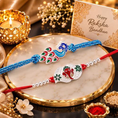 Image of CraftVatika Silver Plated Rakhi Set of 2 for Brother Boy Men, Designer Ganesha Radhe Krishna Rakhi for Brother, Premium Thread for Rakshabandhan Festival with Best Wishes Card and Tillak Set for Him