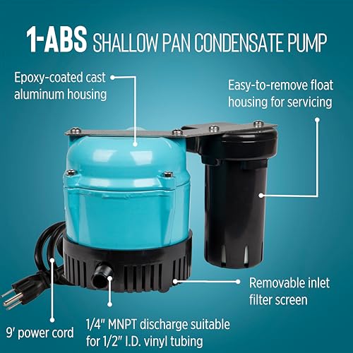 Image of Little Giant 1-ABS 115-volt, 1 /150 HP, 205 GPH Automatic Shallow Pan Condensate Removal Pump for Ceiling Mounted Air Conditioners or Dehumidifiers, Black /Blue, 550521