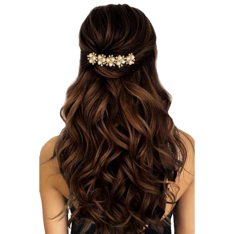 Bridal Hair Barrette with Pearls & Flowers | Elegant Tone Wedding Hair Clip with Crystals | Women’s Party, Bridesmaid & Formal Hair Accessory (Gold)-image-42