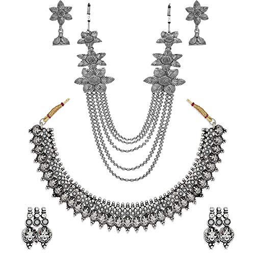 Image of Om Jewells Oxidised Silver Plating Alloy and Floral Multistrand Necklace Set And Temple Choker Necklace Set for Women & Girls (Silver)
