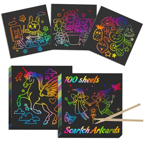 Kesote Carte a Gratter Enfant 100 Feuilles Dessin Gratters Papier Arc-en-Ciel Bricolage Enfant Cahier Dessin avec 2 Stylets en Bois Scratch Art pour Écriture,...