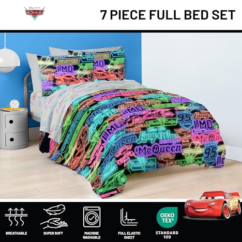 Image of Disney Pixar Cars McQueen Full Size Comforter Set 7 Piece Bedding, Black | Racecar, Kids Bed in a Bag, Comforter Sheets Shams Pillowcases, Official Product, Microfiber, Machine Washable, Boys Gift