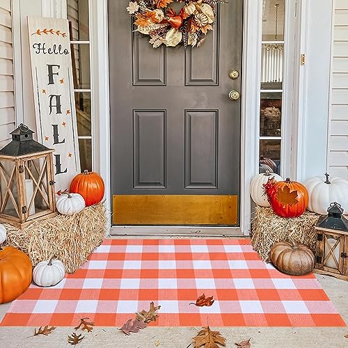 Fall Plaid Area Rug 3x5 Ft, Orange and White Buffalo Check Large Farmhouse Cotton Rug, Hand-Woven Washable Indoor Outdoor Carpet for Halloween Thanksgiving Autumn Porch Patio Decor