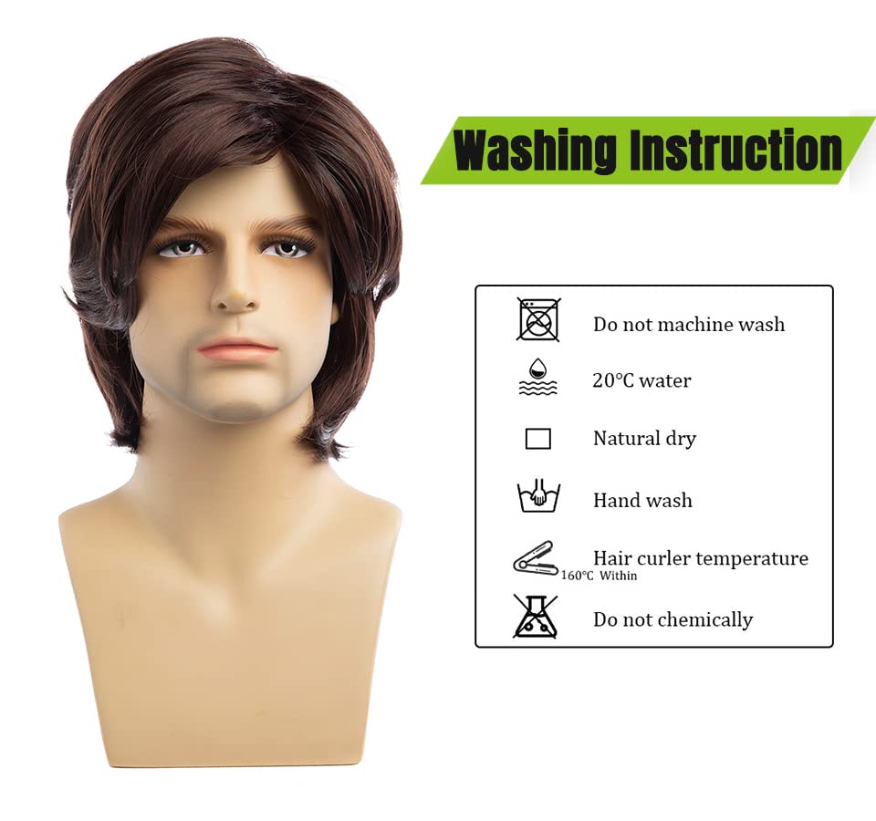 Miniatura 4 de RicHyun Peluca corta marrón para hombre, peluca corta de pelo sintético natural en capas para disfraz diario de Halloween