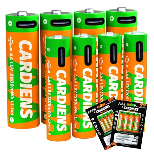 CARDIENS AA and AAA Batteries Combo Pack USB Rechargeable Battery Double A and Triple A Batteries 1.5v with 4-in-1 USB-C Charging Cable and LED Charge Indicator 8-Pack
