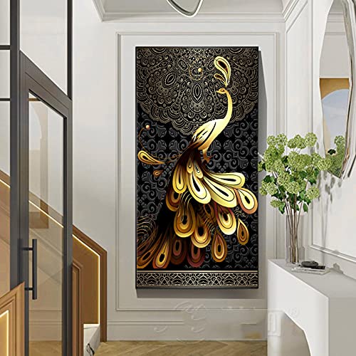 Affiche Toile Peinture Paon Noir Or 40x80 cm sans cadre style scandinave