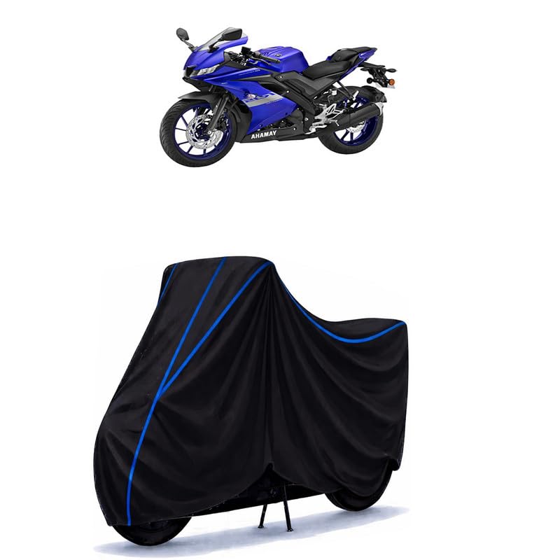 Image of YZF R15 V3 Moto GP Edition BS6 Bike Cover Water Resistant Universal Motorcycle Rain | Heavy Duty UV Protection, Dust, Scratch Indoor Outdoor All Weather with Black Blue Piping Elastic