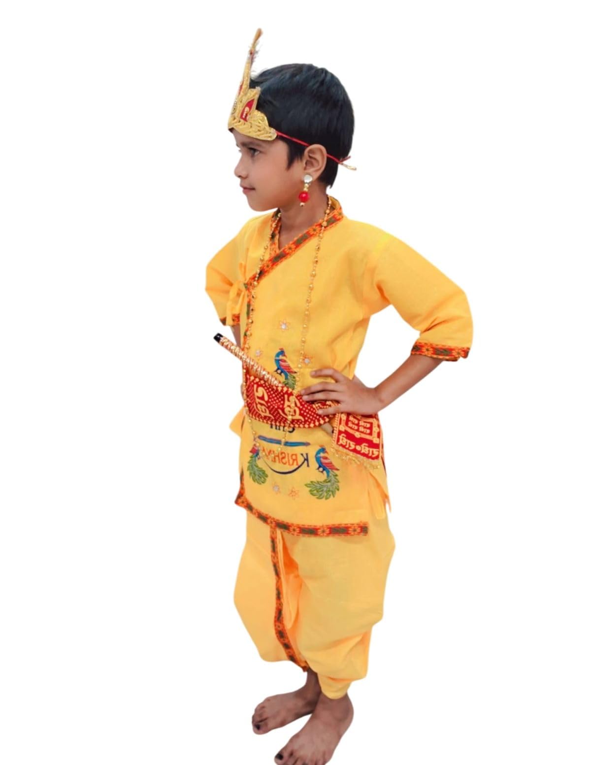 BookMyCostume Krishna Dress for Baby Boy | Print Shri Krishna Costume for Kids with Patka, Flute, Mukut & Mala | Janmashtami Photoshoot Outfit | Fancy Dress RolePlay costume for kids | 3-4 Years - Image 5 thumbnail