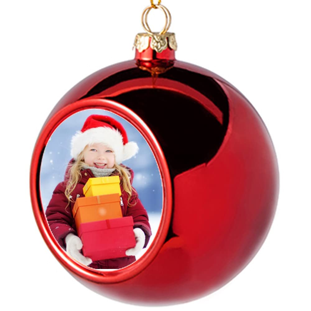 Ocadeau Adorno navideño Personalizado con Foto roja - Adorno de plástico con Gancho Dorado - Impresión de Foto Redonda en la Parte Delantera del Adorno navideño Rojo