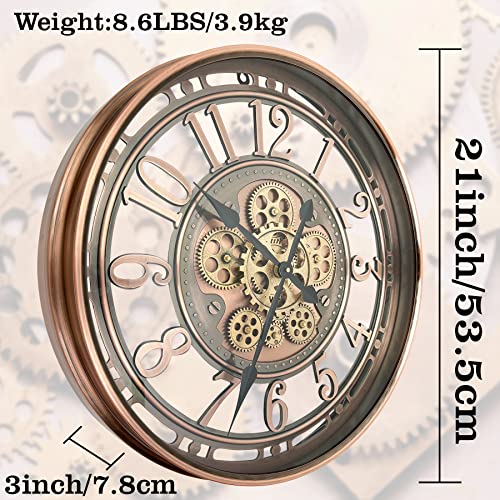 Dorboker Real Moving Gears Wall Clock Large Modern Metal Clocks For Living Room Decor, Industrial Steampunk Unique Vintage Rustic Decorative Clock For Home Farmhouse Office, 21 Inch Red Copper Arabic #TOP6