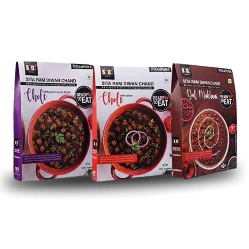 Sita Ram Diwan Chand Ready to Eat Chole Without Onion & Garlic| Chole With Onion| Dal Makhani 300 Gram Each| No Preservatives | No Artificial Flavors | 100% Natural Ingredients| Tasty Snacks-Pack of 3