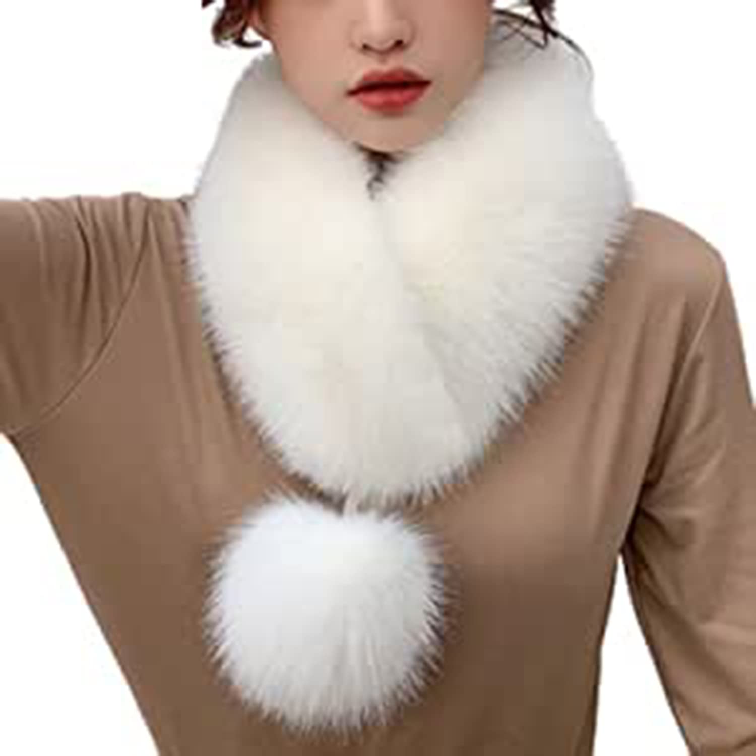 Winter Thicken Soft Warm with Pompom Imitation Fur Scarf,Faux Fur Collar Women's Neck Warmer Scarf Wrap,Fur Collar Scarf for Women (White)