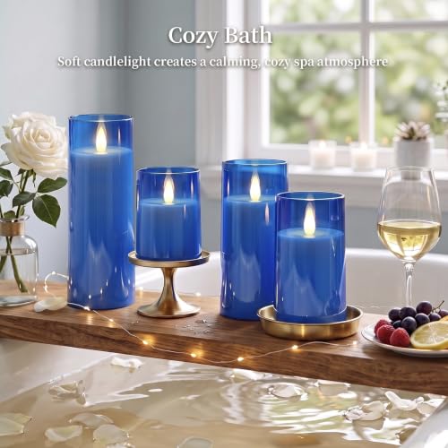 Image of Homemory Realistic Flickering Flameless Blue Candles with Remote & Timer | LED Fake Electric Pillar Candles Battery Operated for Home, Halloween, Christmas Decor, Set of 5