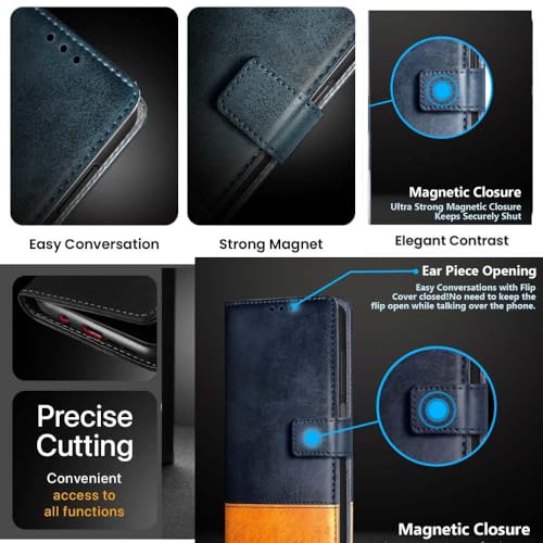 Image of Leather Flip Case Cover Compatible with Back case Cover for iQOO Z11x 5G |Dual Colour| Hand-Stitched Leather Finish| Lightweight| Inbuilt Card Pockets|(Blue with Mango)