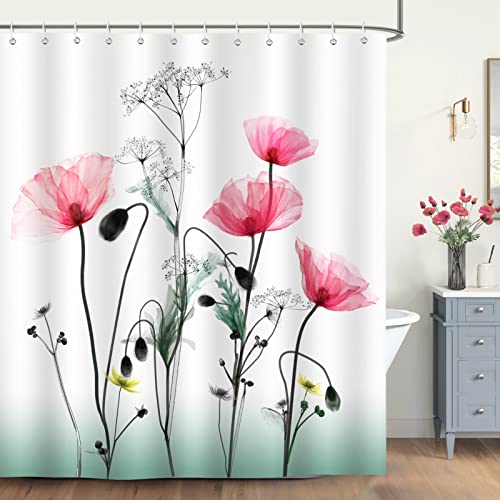 Bonhause Rideau de Douche Coquelicots Fleur Rouge 180 x 180 cm Rideau de Bain Tissu Polyester Anti Moisissure Imperméable Lavable Rideaux Salle de Bain avec...