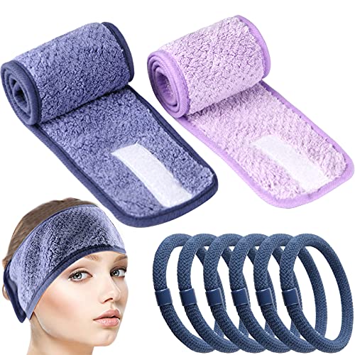Facial Hairbands Spa headband Makeup Head Wrap Adjustable Skincare Hair Wraps Shower Hair Towel with 6 piece Hair Ties for Face Washing Shower Sports Yoga (Blue & Purple) Cover