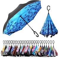SIEPASA 49/56 Inch Inverted Reverse Upside Down Umbrella, Extra Large Double Canopy Vented Windproof Waterproof Stick Golf Umbrellas with C-shape Handle.(Butterfly, 49 Inch)